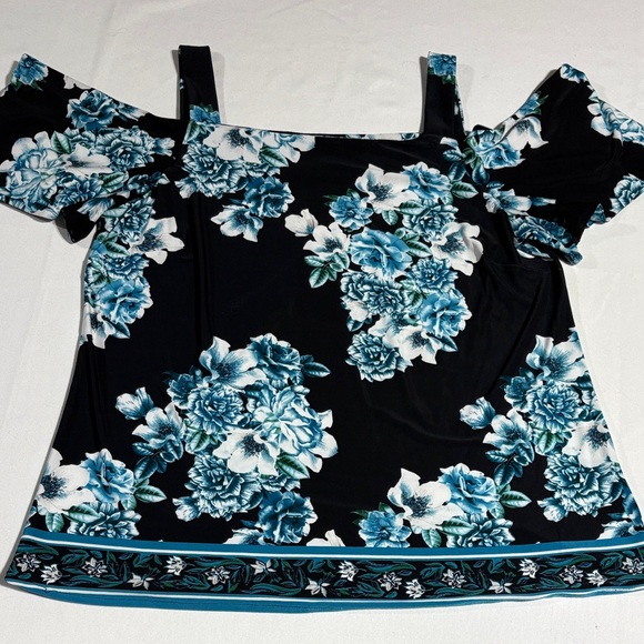 Floral Cold Shoulder Top - Black and Blue Large EUC - Picture 8 of 16
